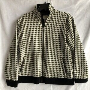 Chicos Zip-Up Jacket White Black Houndstooth with Sparkle, Zipper Pockets Size M